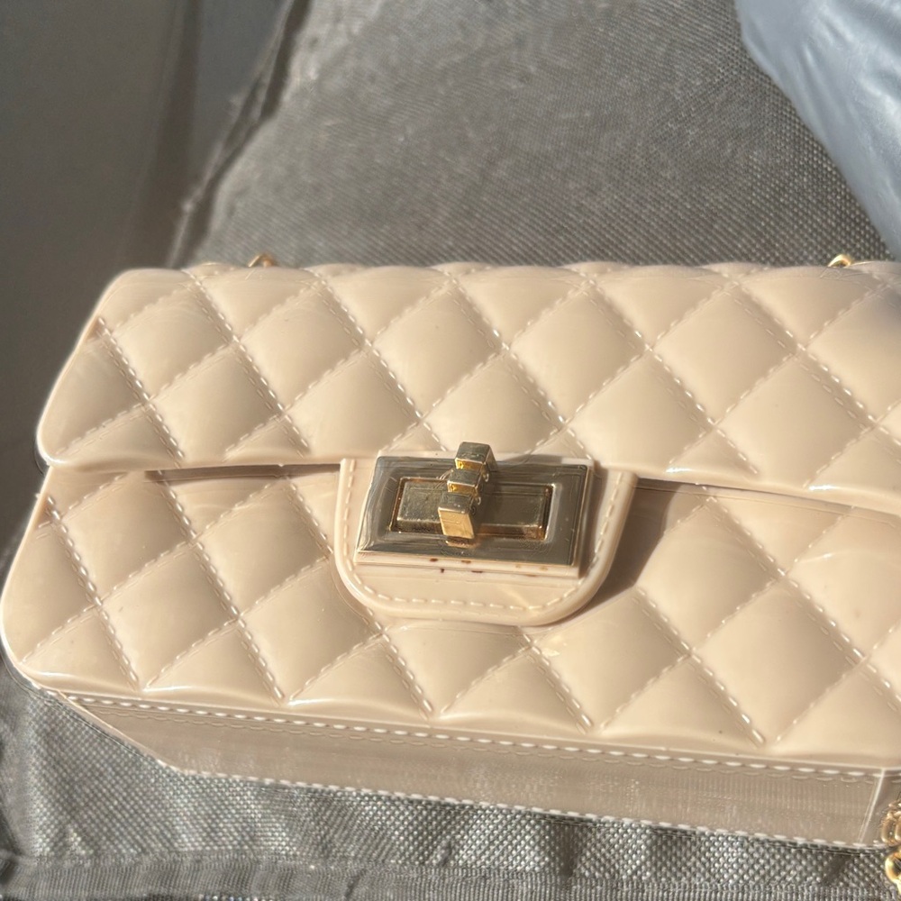 Quilted Beige Shoulder Bag with Gold Turn-Lock